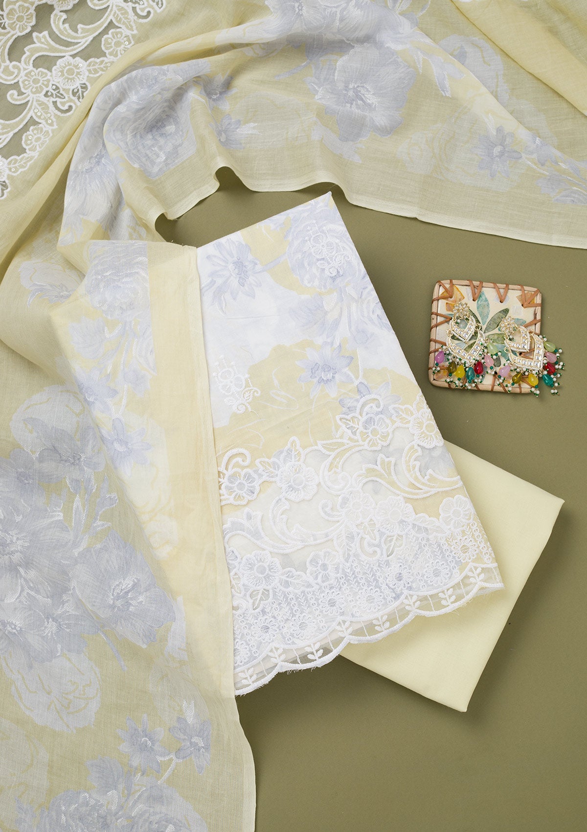 Lemon Yellow Threadwork Cotton Unstitched Salwar Suit-koskii