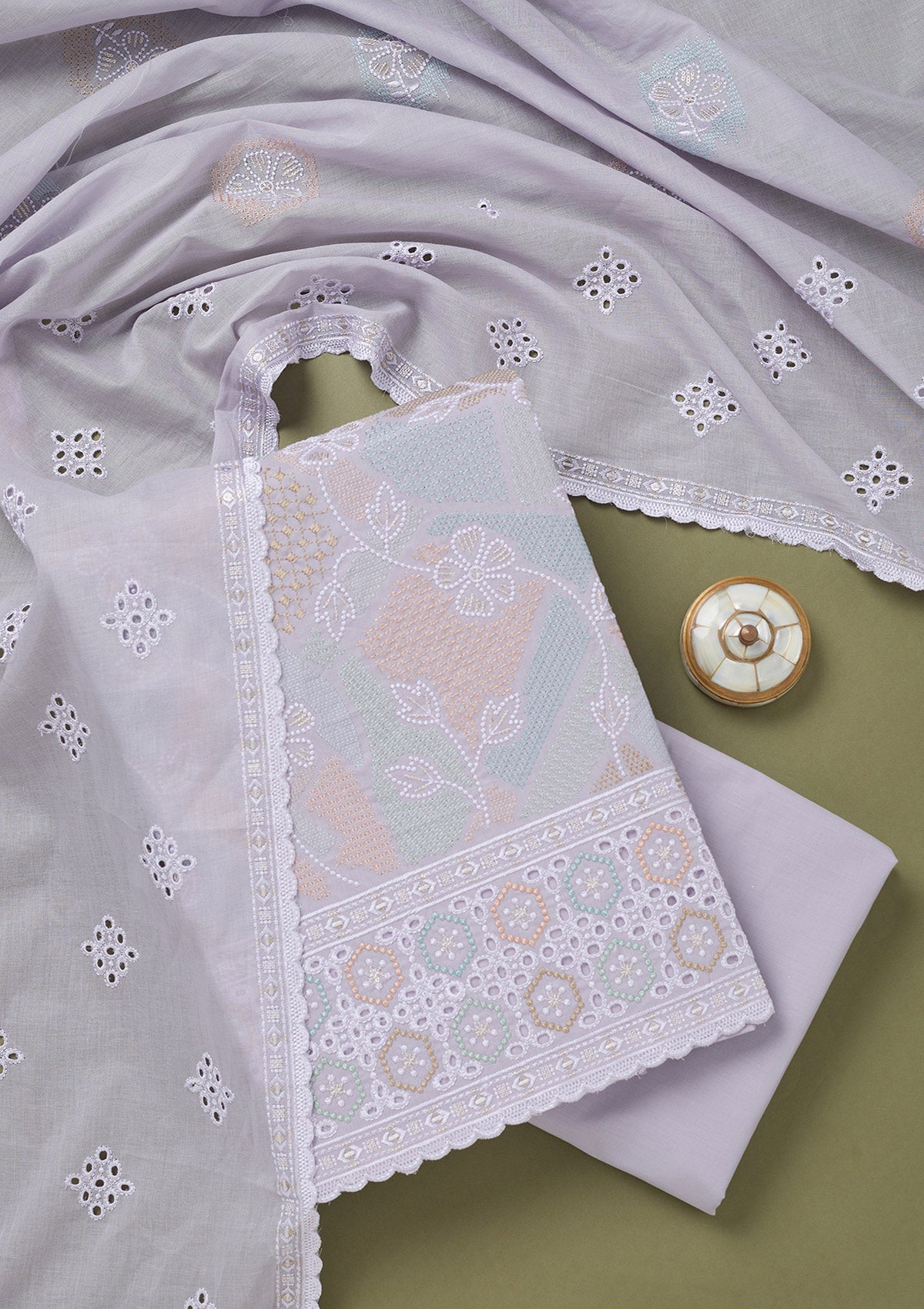 Lavender Threadwork Cotton Unstitched Salwar Suit-koskii