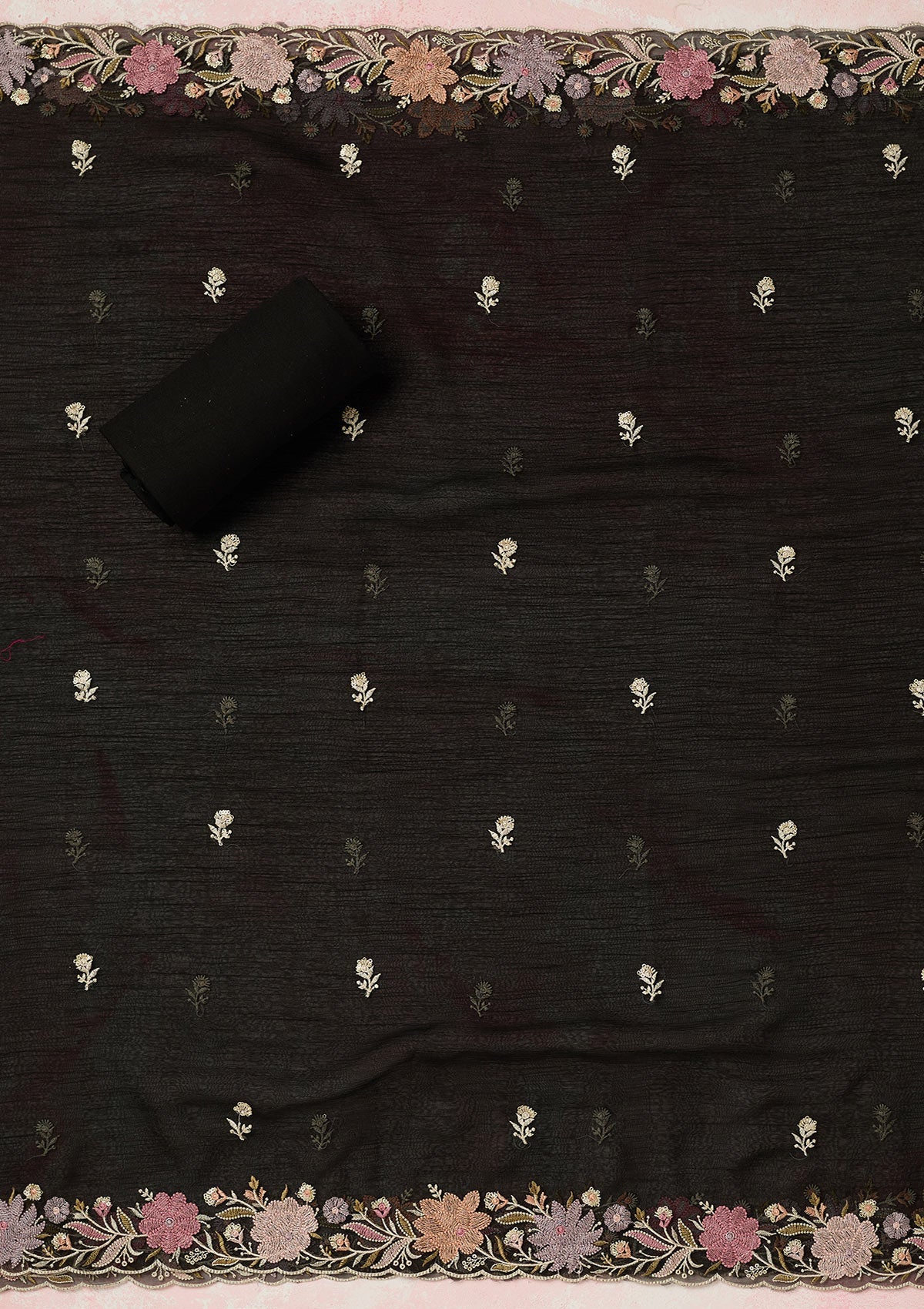 Black Threadwork Georgette Unstitched Salwar Suit-Koskii