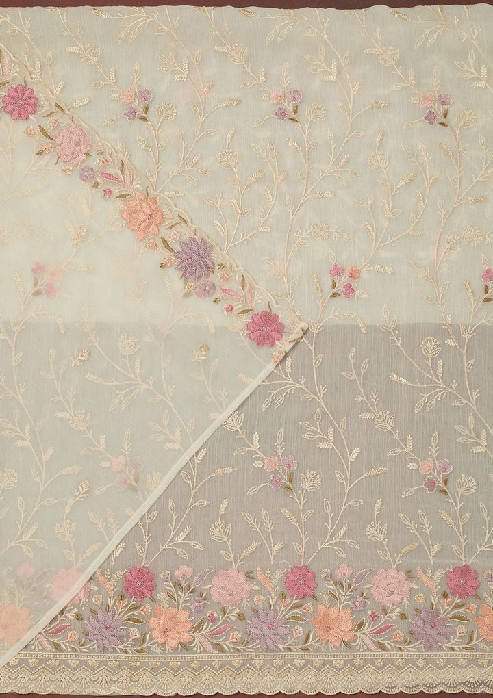 Off White Threadwork Georgette Unstitched Salwar Suit-Koskii