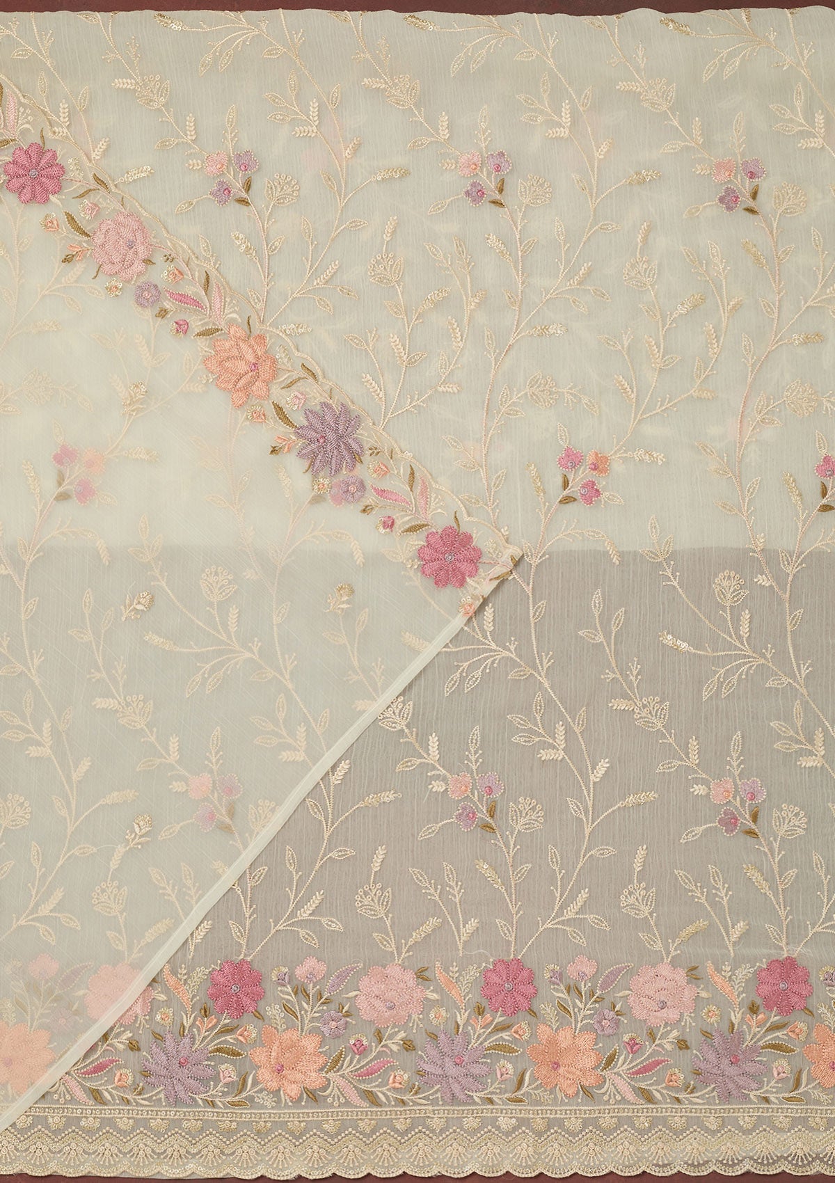 Off White Threadwork Georgette Unstitched Salwar Suit-Koskii