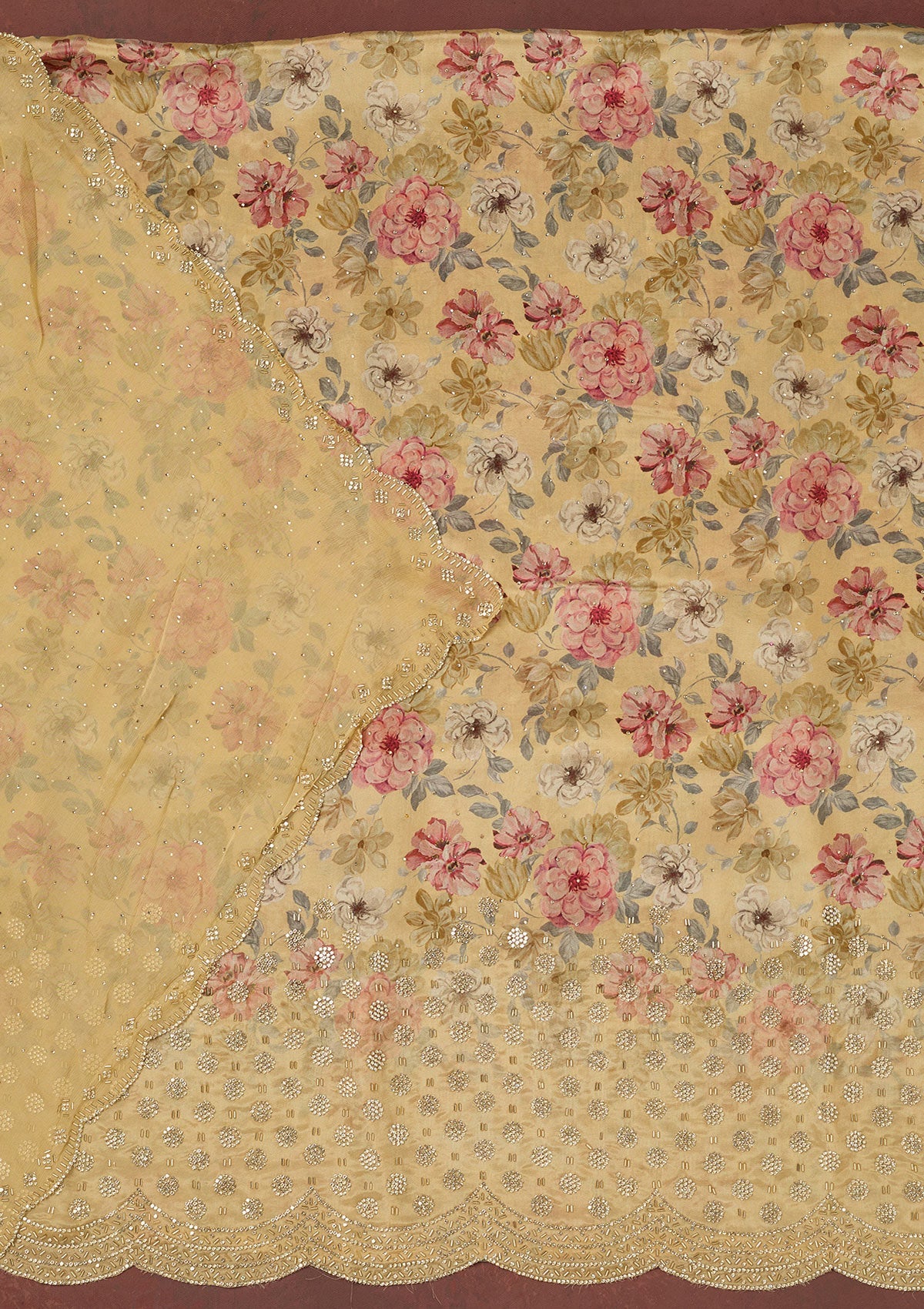 Gold Stonework Crepe Unstitched Salwar Suit-Koskii