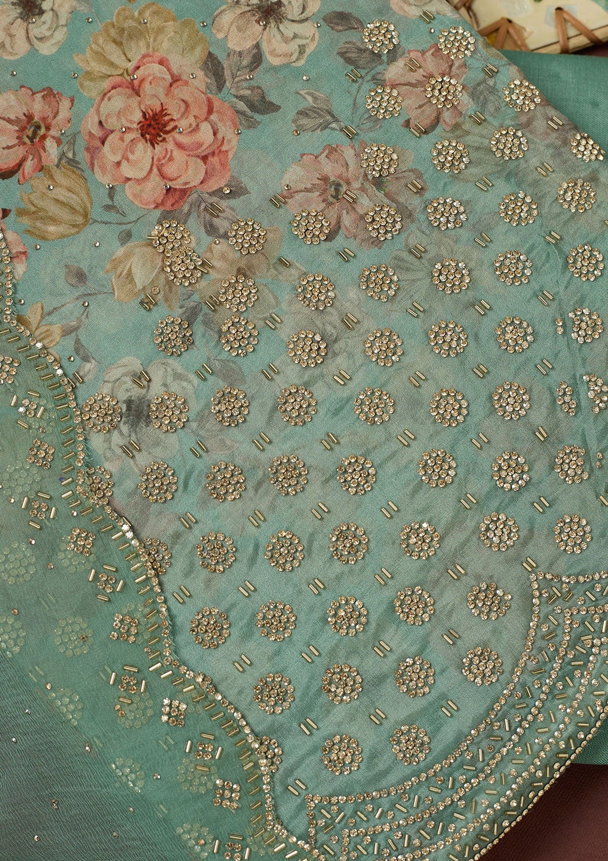 Sea Green Stonework Crepe Unstitched Salwar Suit-Koskii