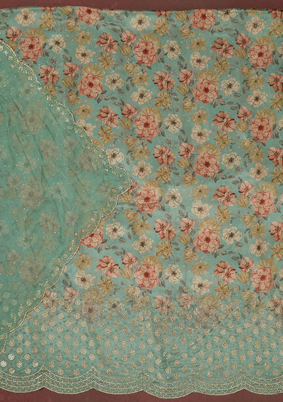 Sea Green Stonework Crepe Unstitched Salwar Suit-Koskii