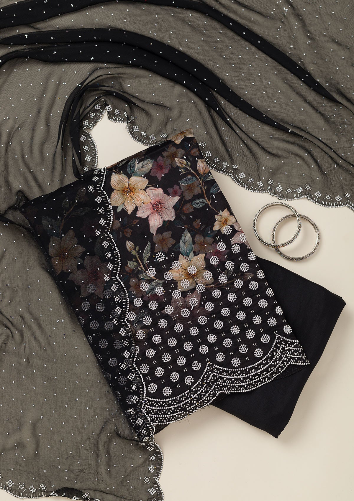 Black Stonework Chiffon Saree-koskii