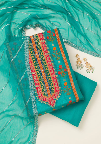 Rama Green Zariwork Dola Silk Unstitched Salwar Suit-koskii