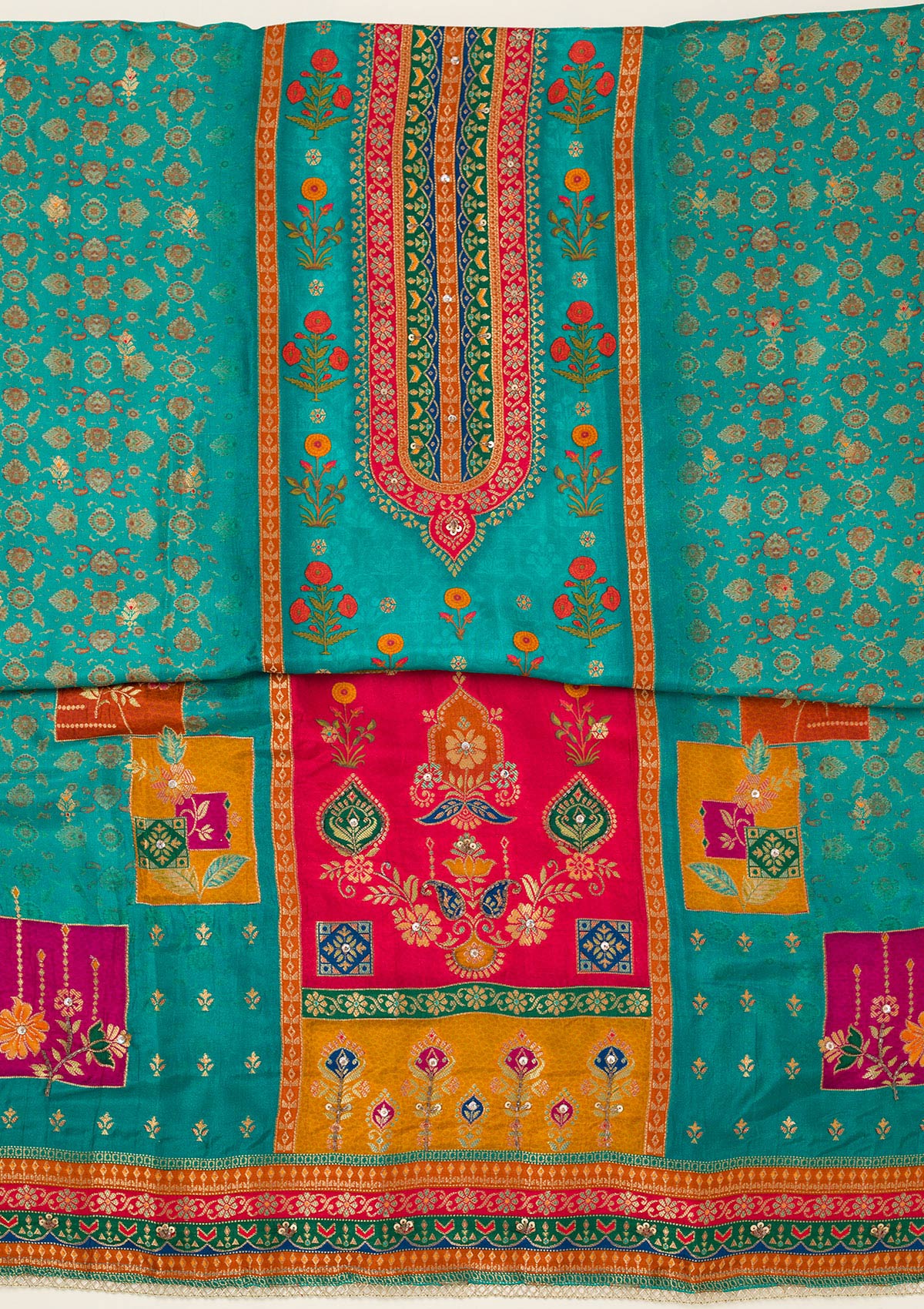 Rama Green Zariwork Dola Silk Unstitched Salwar Suit-koskii