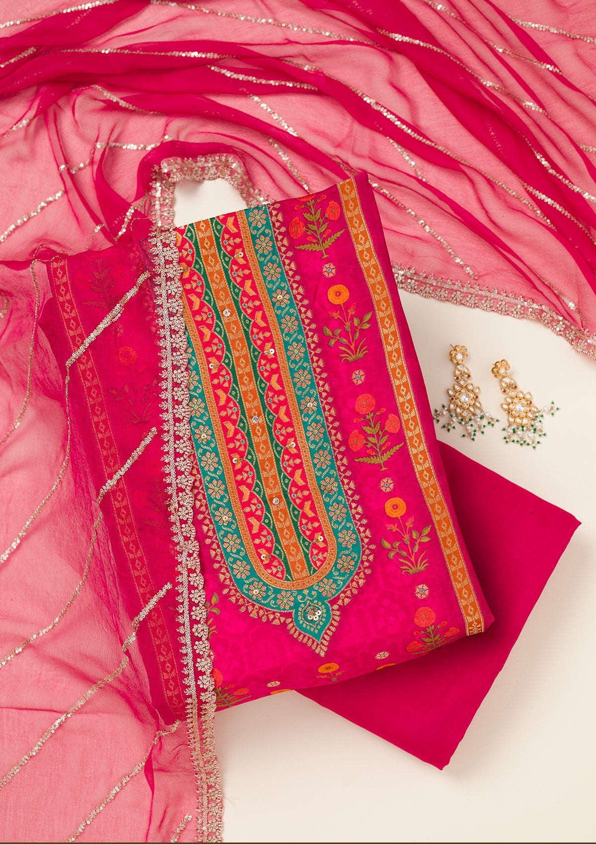 Rani Pink Zariwork Dola Silk Unstitched Salwar Suit-koskii