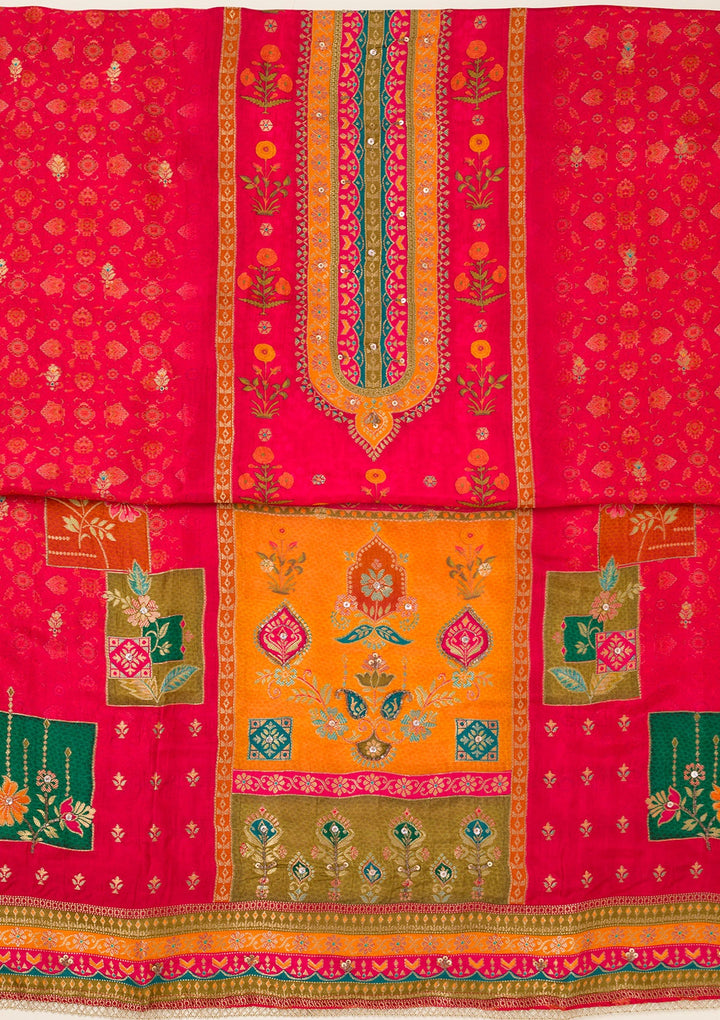 Red Zariwork Dola Silk Unstitched Salwar Suit-koskii