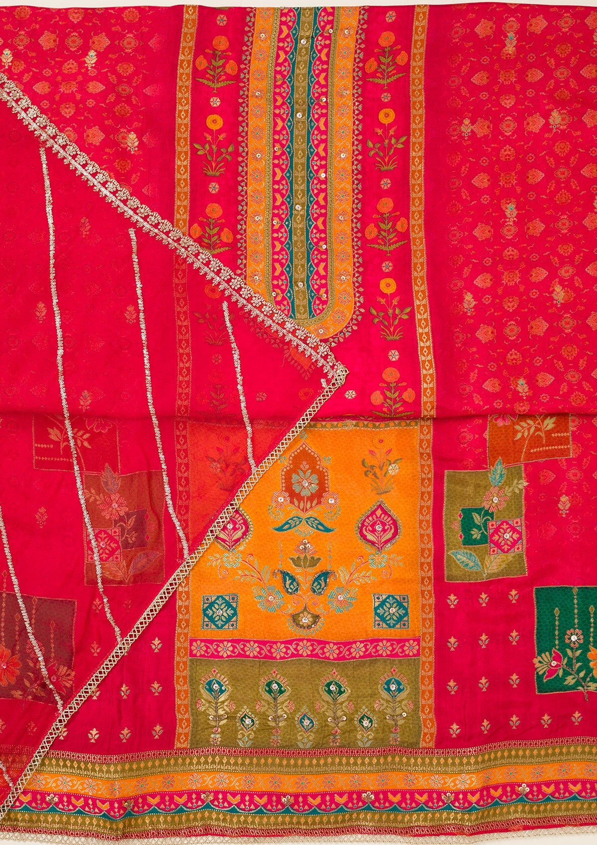 Red Zariwork Dola Silk Unstitched Salwar Suit-koskii