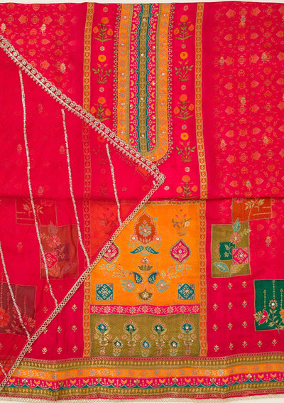 Red Zariwork Dola Silk Unstitched Salwar Suit-koskii