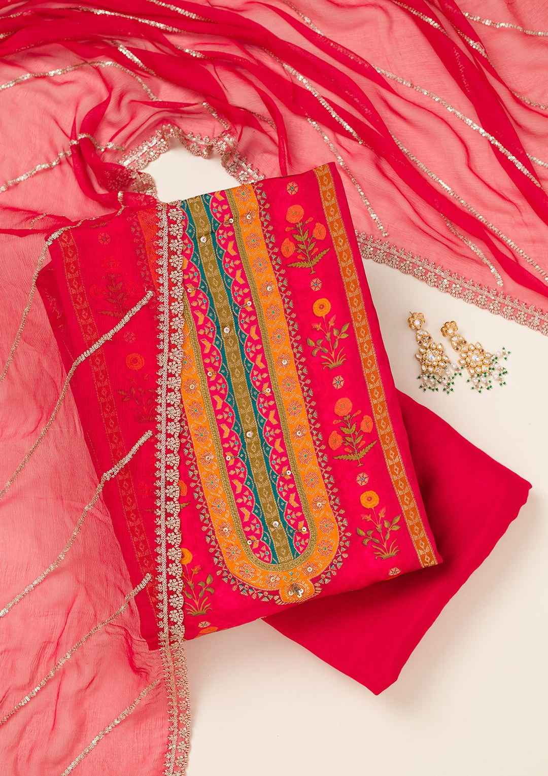 Red Zariwork Dola Silk Unstitched Salwar Suit-koskii