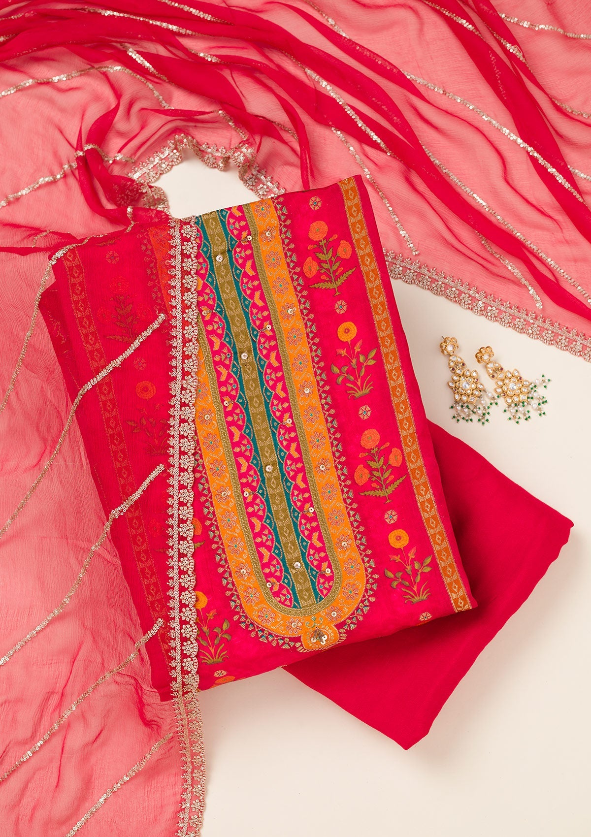 Red Zariwork Dola Silk Unstitched Salwar Suit-koskii