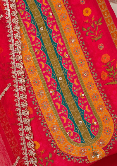 Red Zariwork Dola Silk Unstitched Salwar Suit-koskii