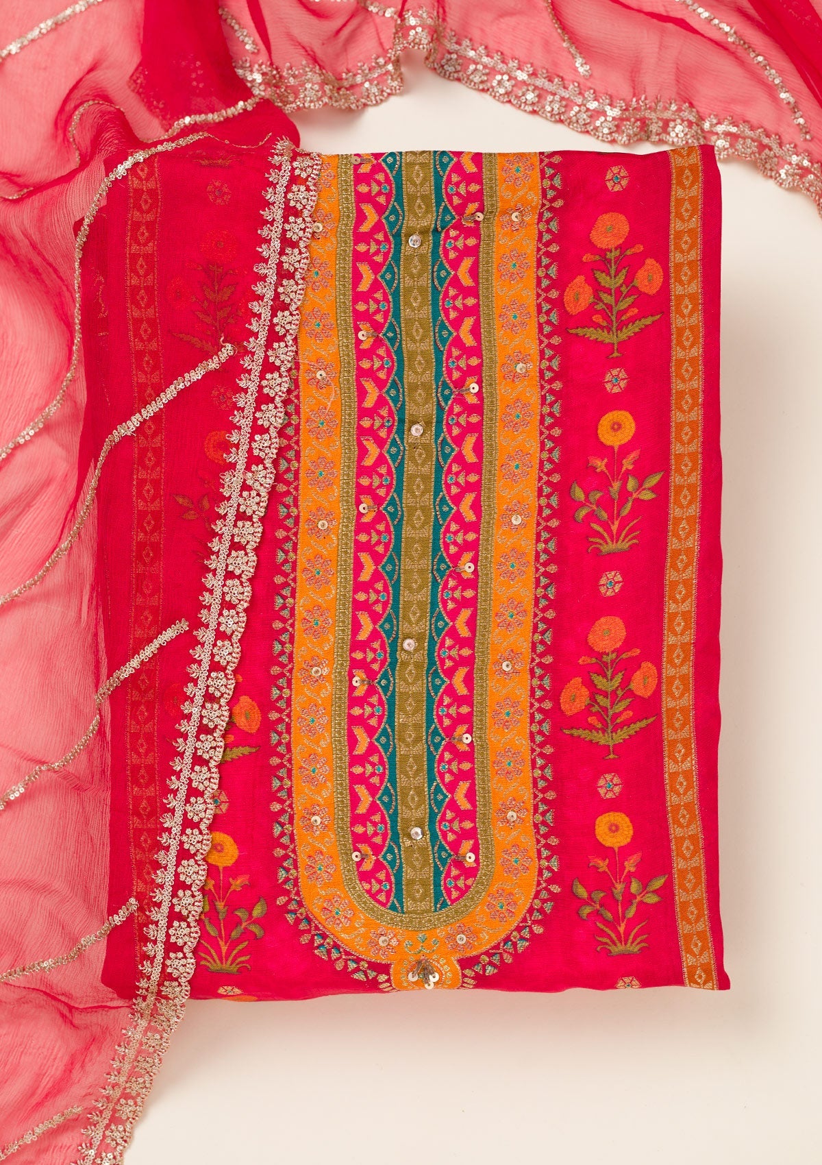 Red Zariwork Dola Silk Unstitched Salwar Suit-koskii