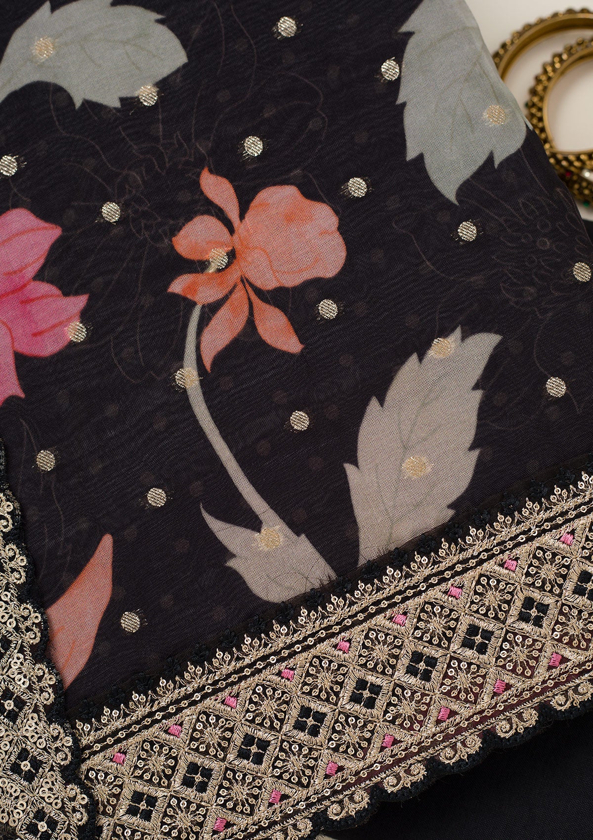Black Zariwork Organza Unstitched Salwar Suit-koskii