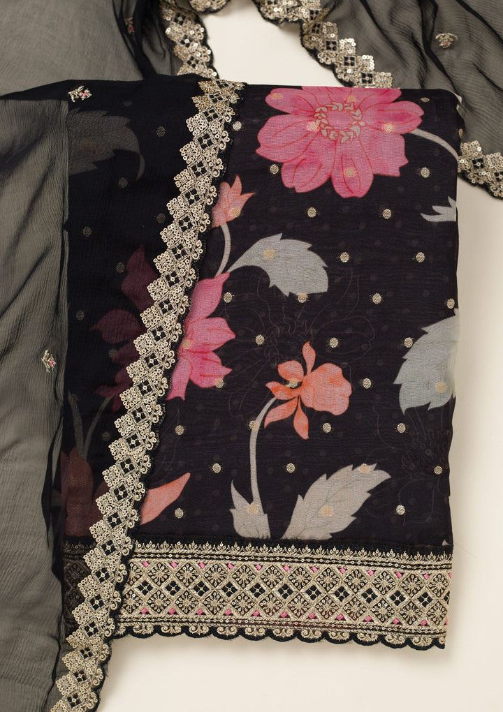Black Zariwork Organza Unstitched Salwar Suit-koskii