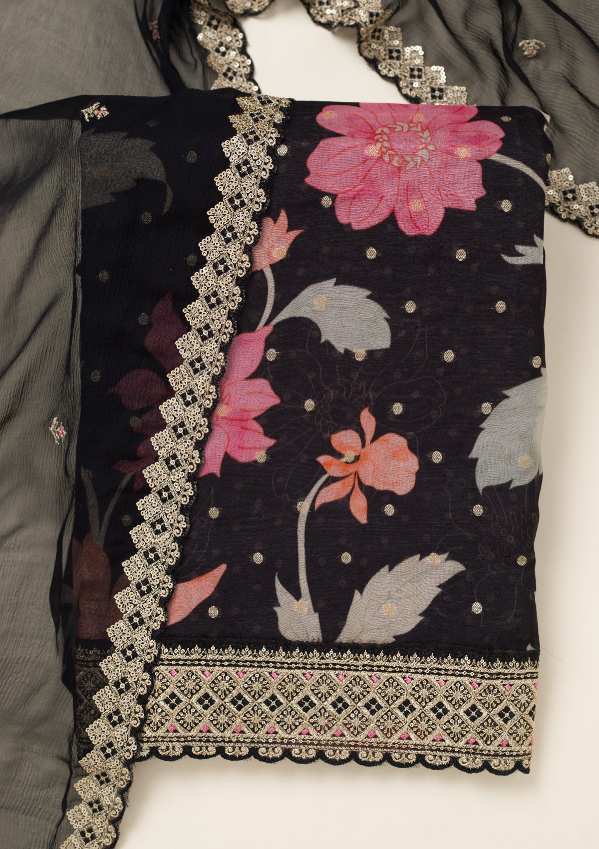 Black Zariwork Organza Unstitched Salwar Suit-koskii