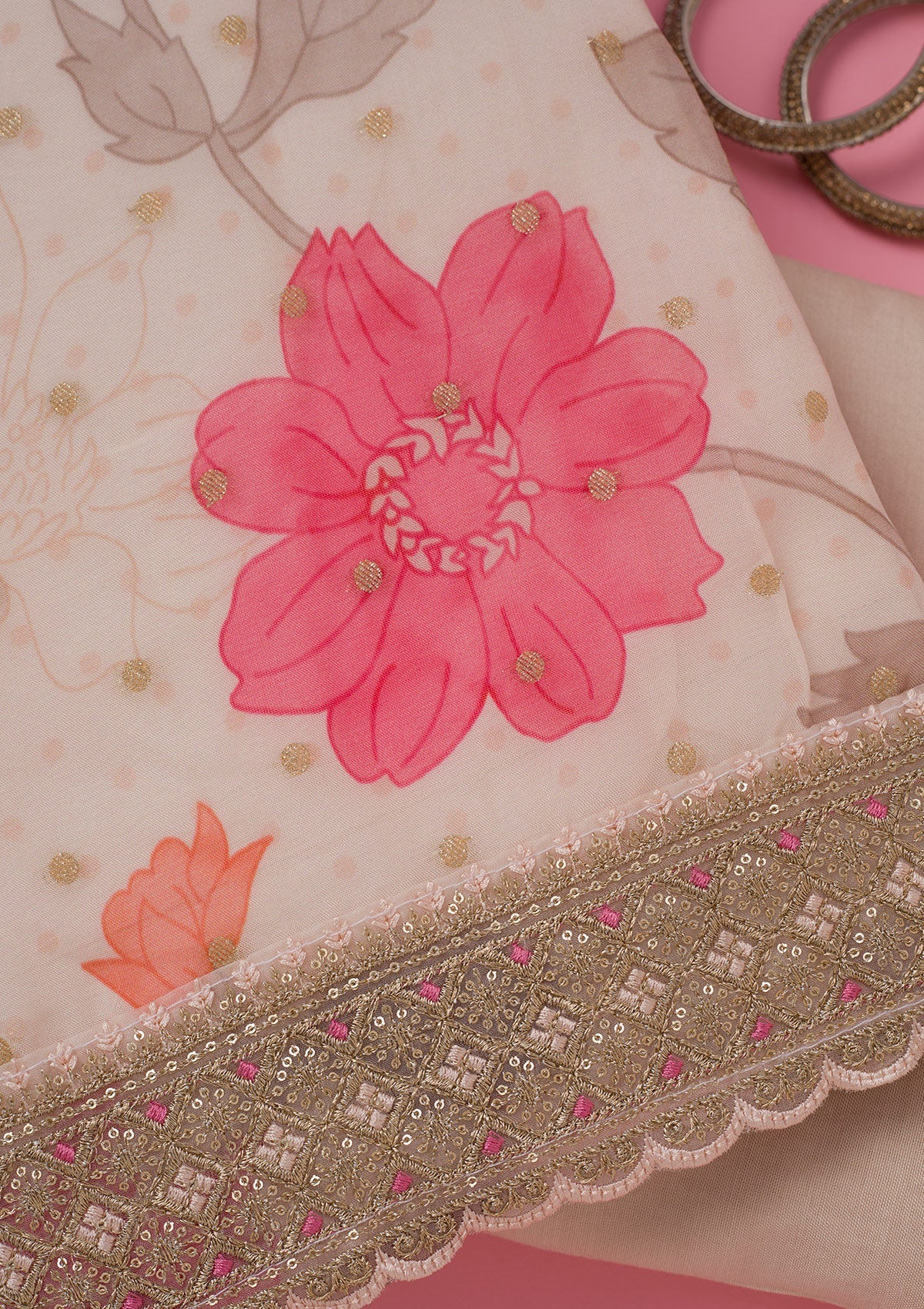 Cream Zariwork Organza Unstitched Salwar Suit-koskii