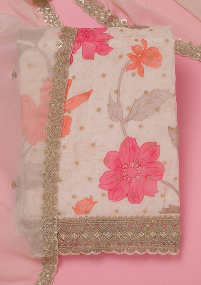 Cream Zariwork Organza Unstitched Salwar Suit-koskii