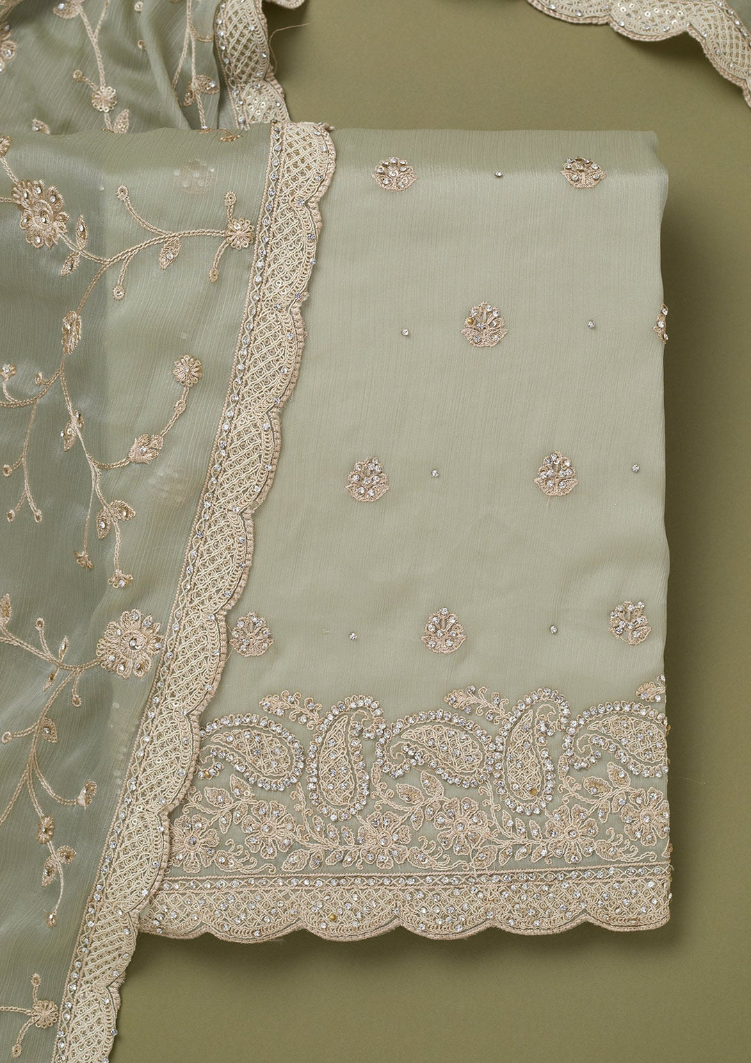 Pista Green Cording Chinon Unstitched Salwar Suit-koskii