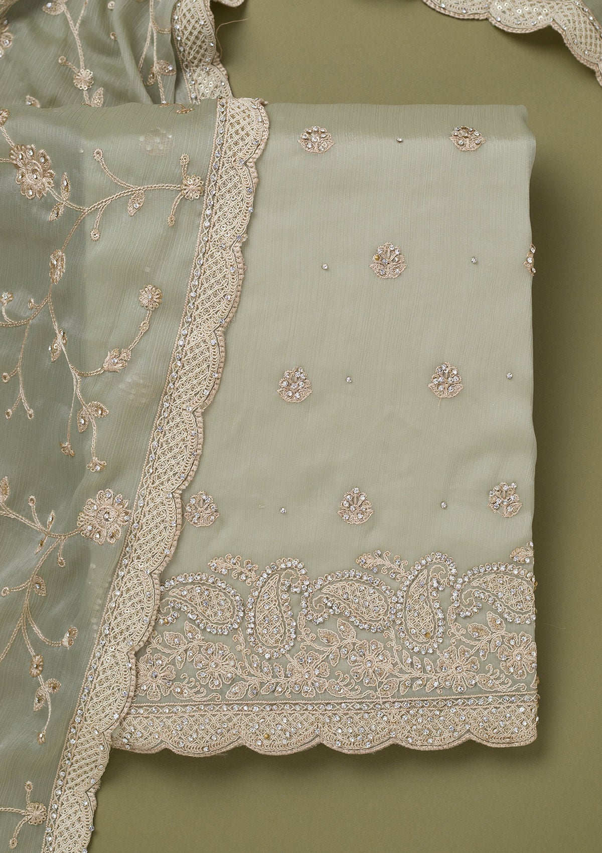 Pista Green Cording Chinon Unstitched Salwar Suit-koskii