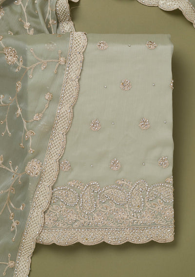 Pista Green Cording Chinon Unstitched Salwar Suit-koskii