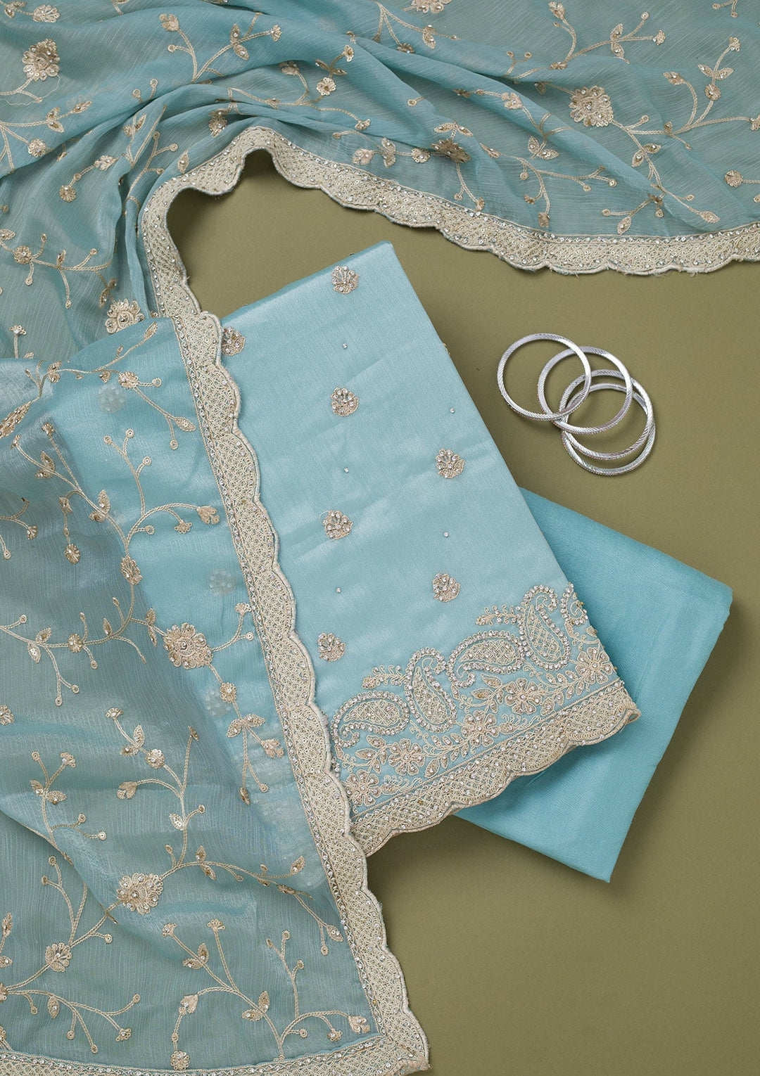 Sky Blue Cording Chinon Unstitched Salwar Suit-koskii