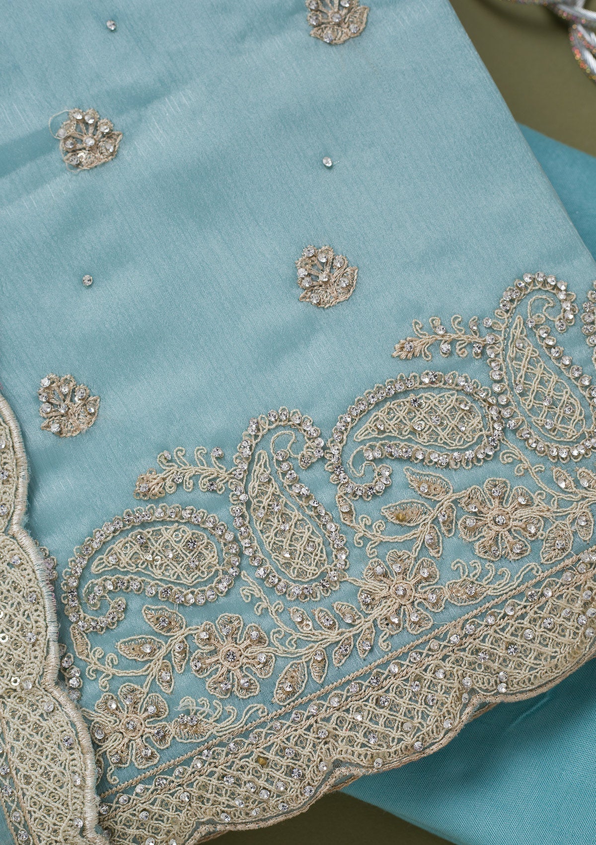 Sky Blue Cording Chinon Unstitched Salwar Suit-koskii