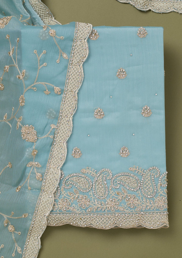 Sky Blue Cording Chinon Unstitched Salwar Suit-koskii