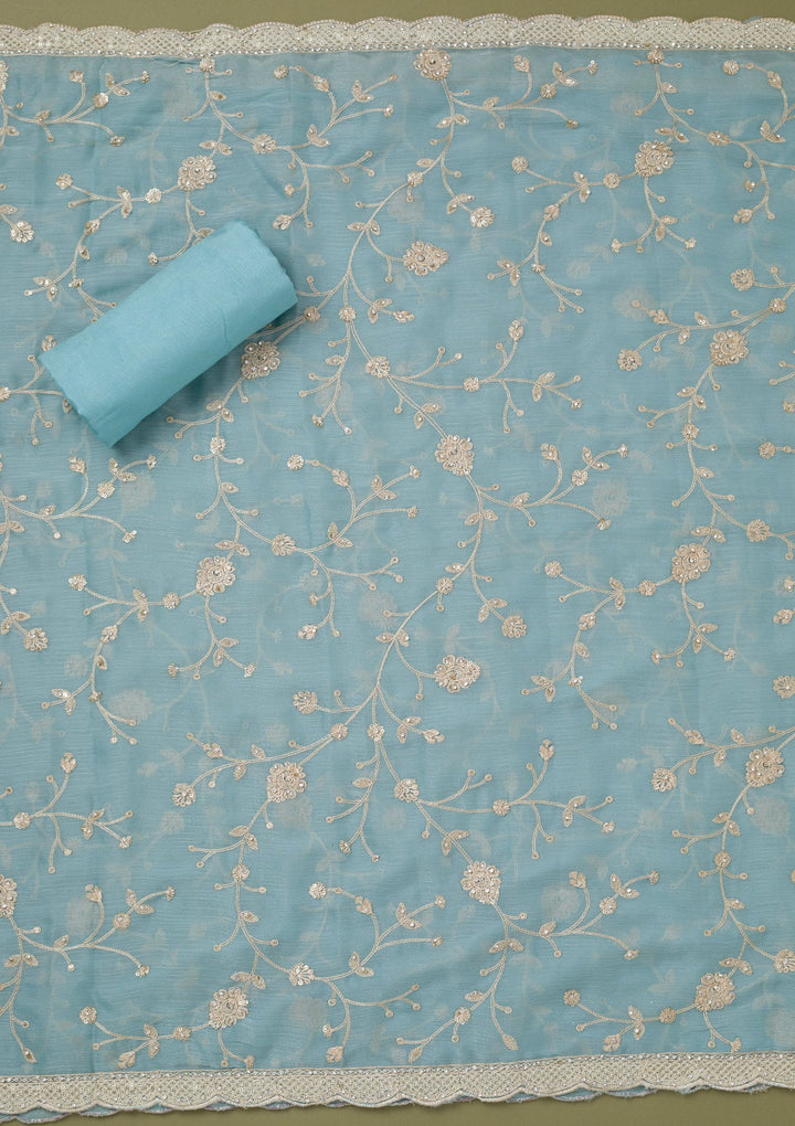 Sky Blue Cording Chinon Unstitched Salwar Suit-koskii