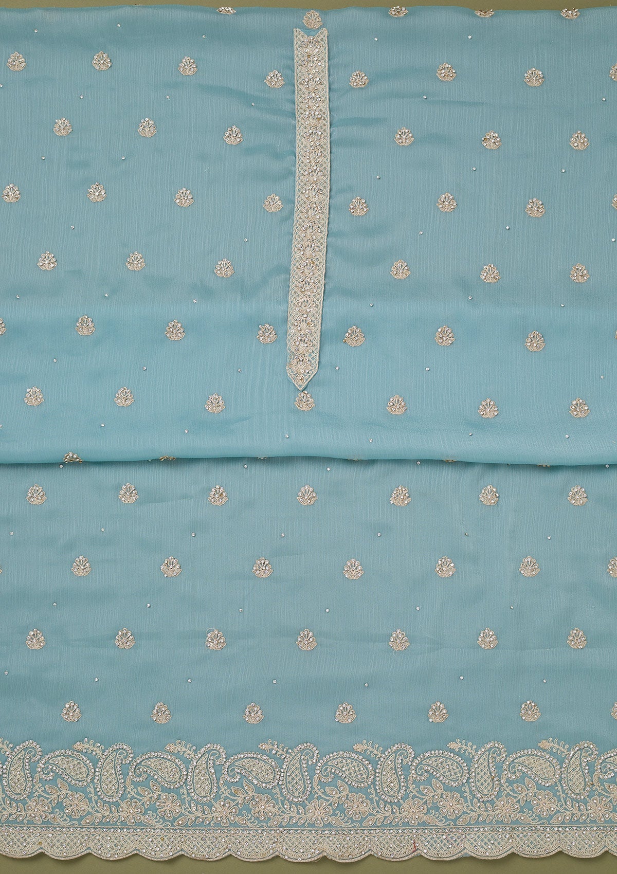 Sky Blue Cording Chinon Unstitched Salwar Suit-koskii