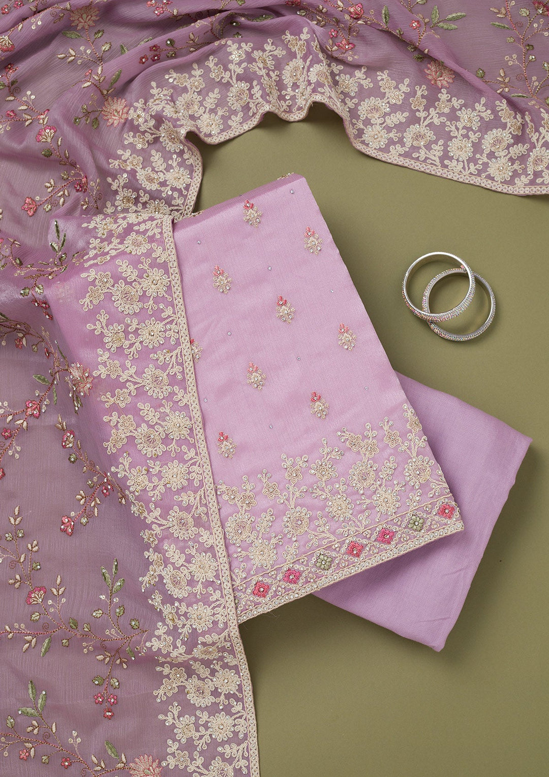 Lavender Cording Chinon Unstitched Salwar Suit-koskii