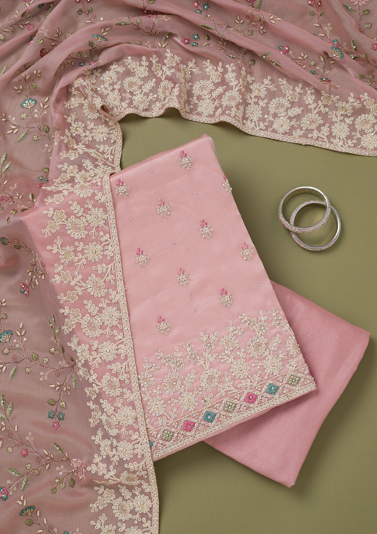 Pink Cording Chinon Unstitched Salwar Suit-koskii