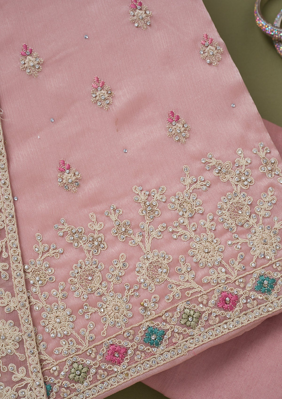 Pink Cording Chinon Unstitched Salwar Suit-koskii