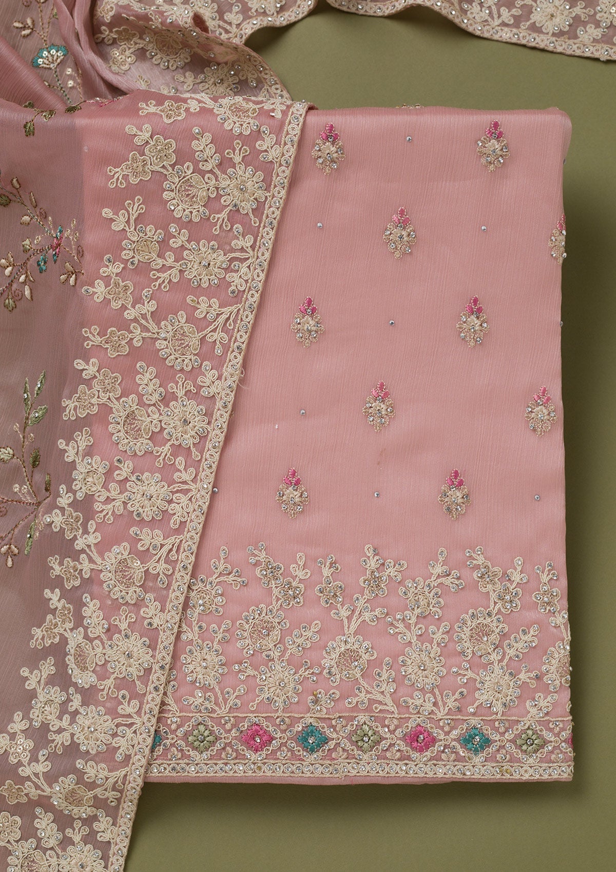 Pink Cording Chinon Unstitched Salwar Suit-koskii