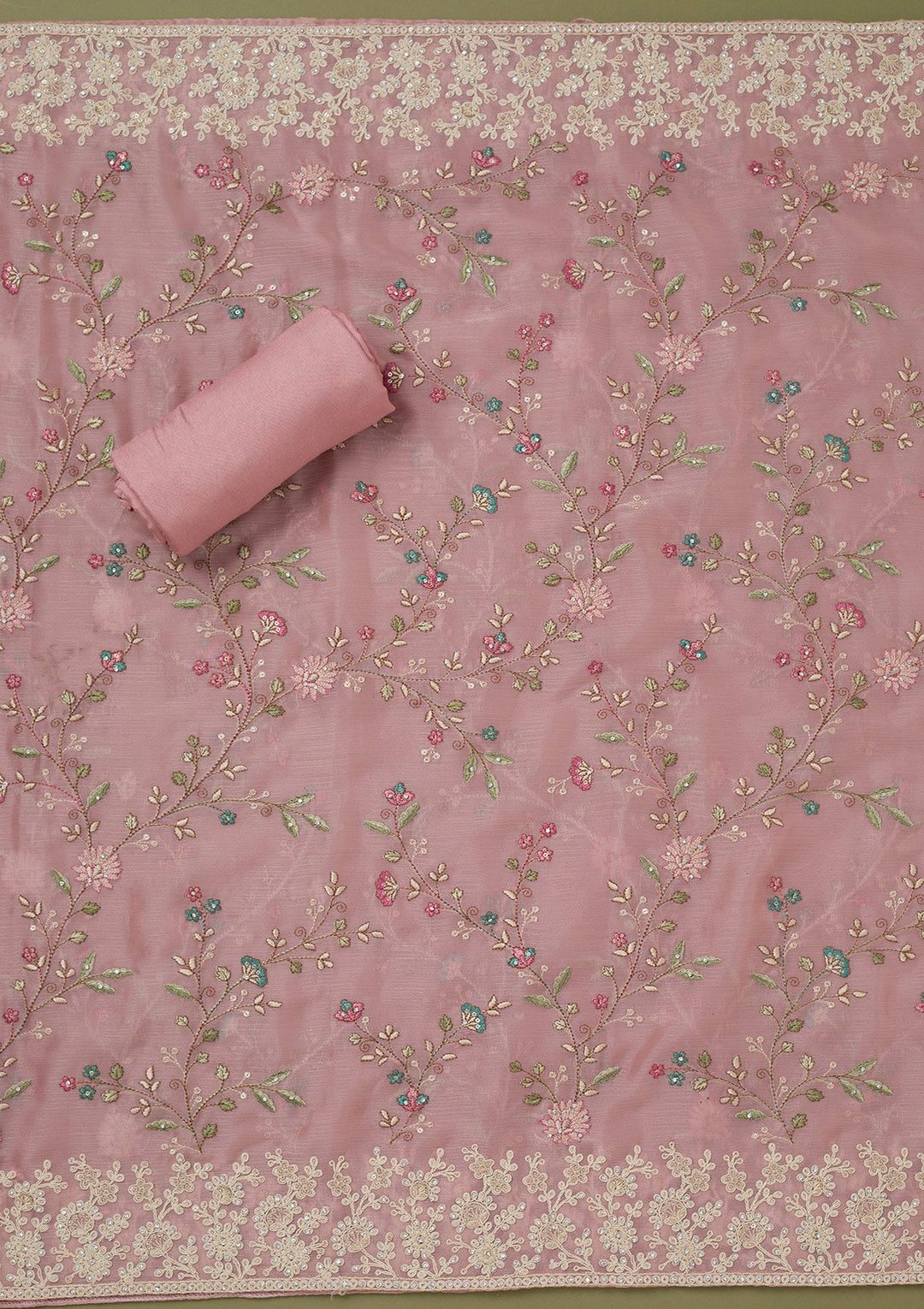 Pink Cording Chinon Unstitched Salwar Suit-koskii