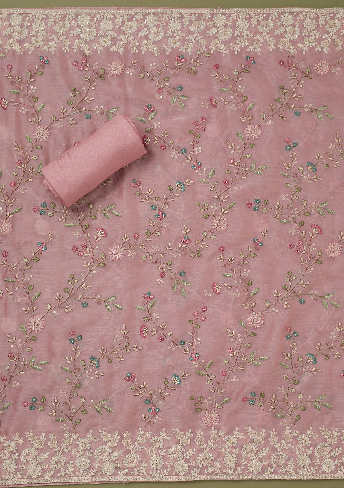 Pink Cording Chinon Unstitched Salwar Suit-koskii