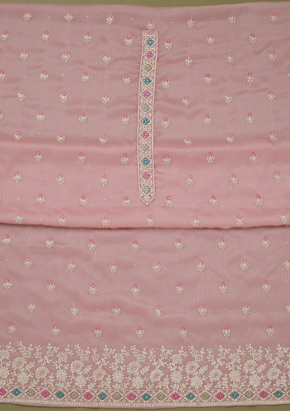 Pink Cording Chinon Unstitched Salwar Suit-koskii
