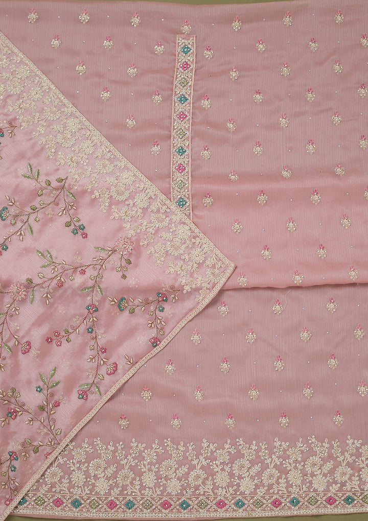 Pink Cording Chinon Unstitched Salwar Suit-koskii