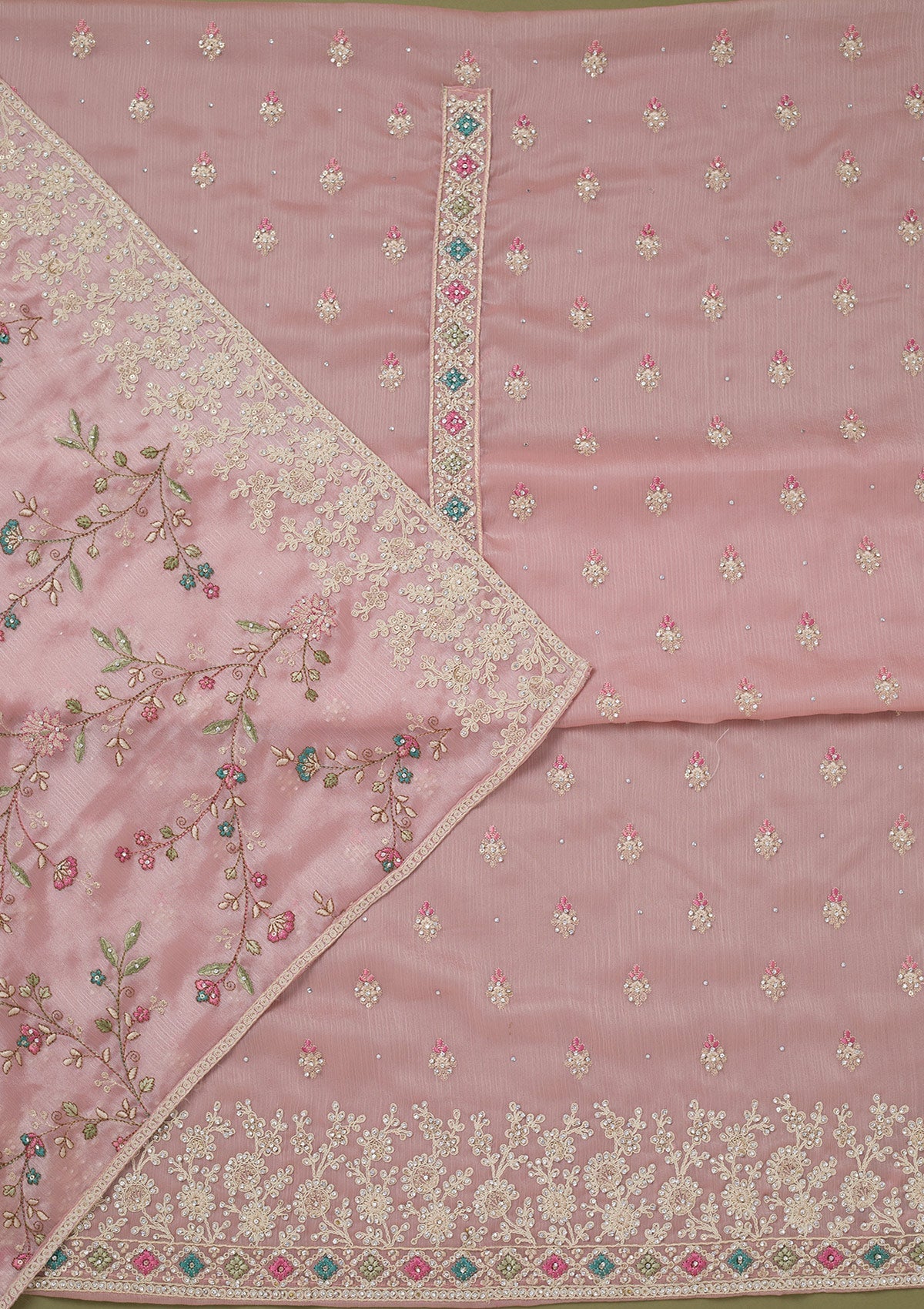 Pink Cording Chinon Unstitched Salwar Suit-koskii