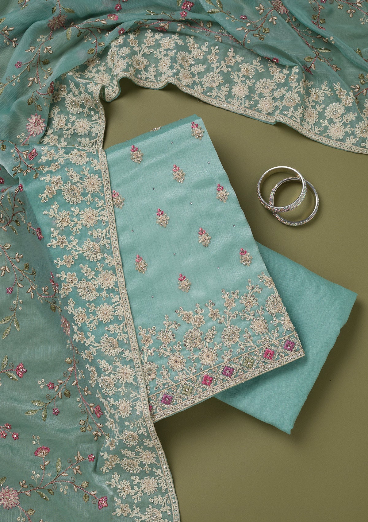 Sea Green Cording Chinon Unstitched Salwar Suit-koskii