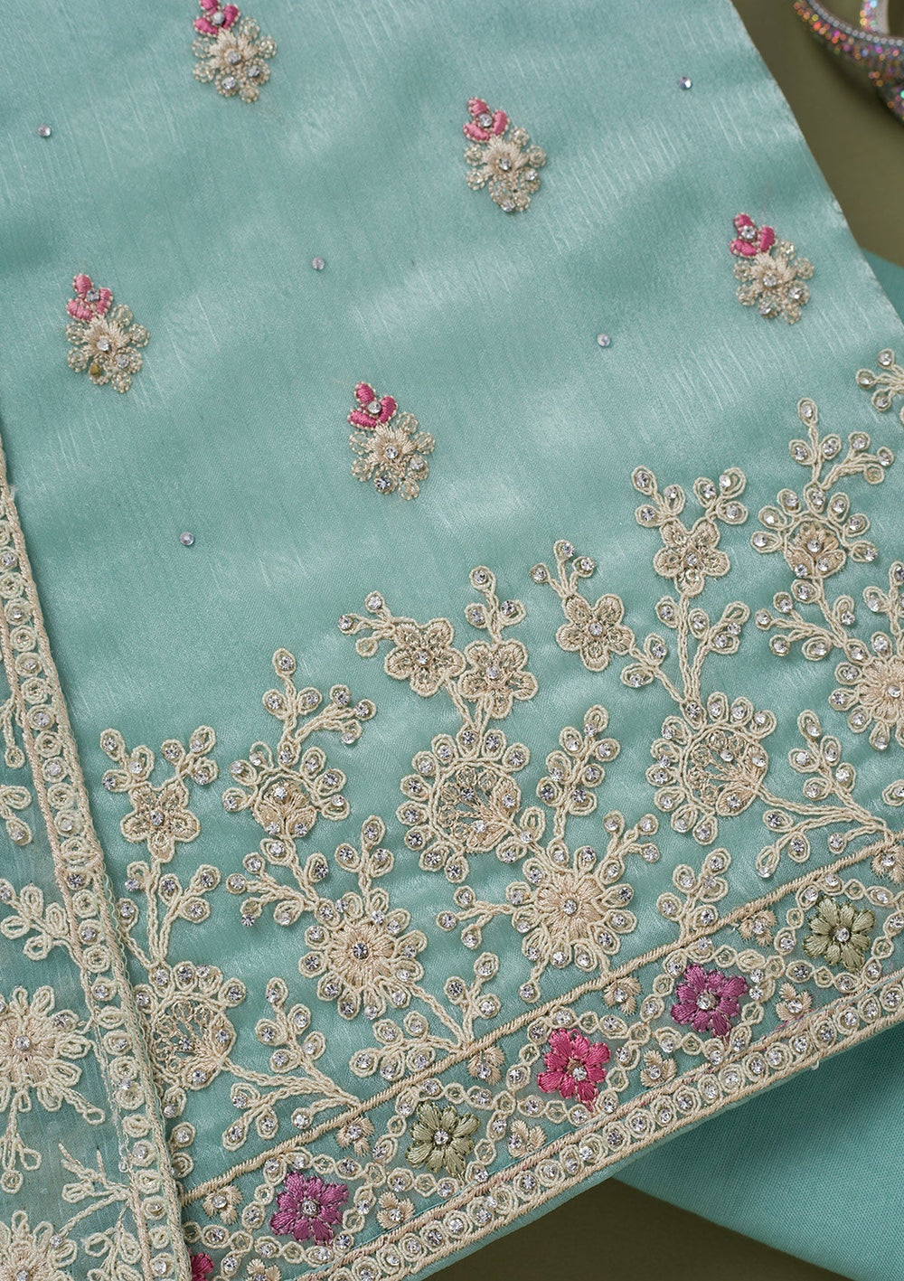 Sea Green Cording Chinon Unstitched Salwar Suit-koskii