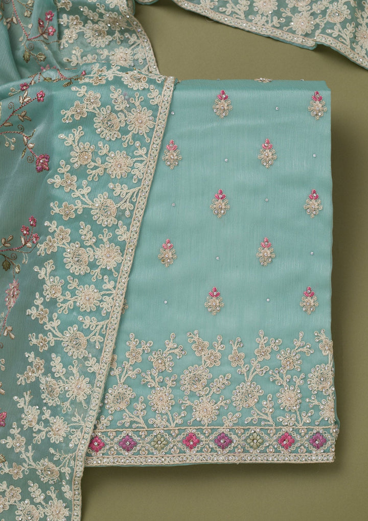 Sea Green Cording Chinon Unstitched Salwar Suit-koskii