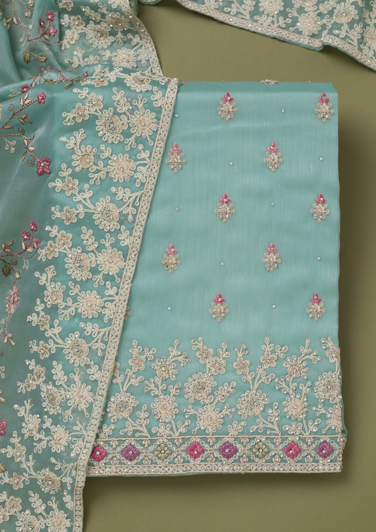 Sea Green Cording Chinon Unstitched Salwar Suit-koskii