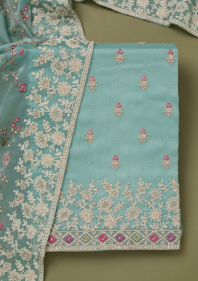 Sea Green Cording Chinon Unstitched Salwar Suit-koskii