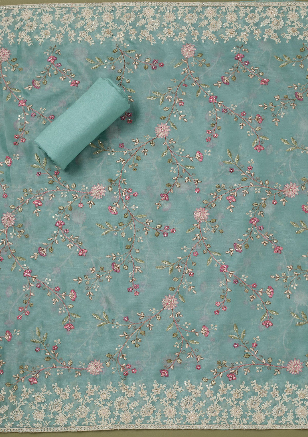 Sea Green Cording Chinon Unstitched Salwar Suit-koskii