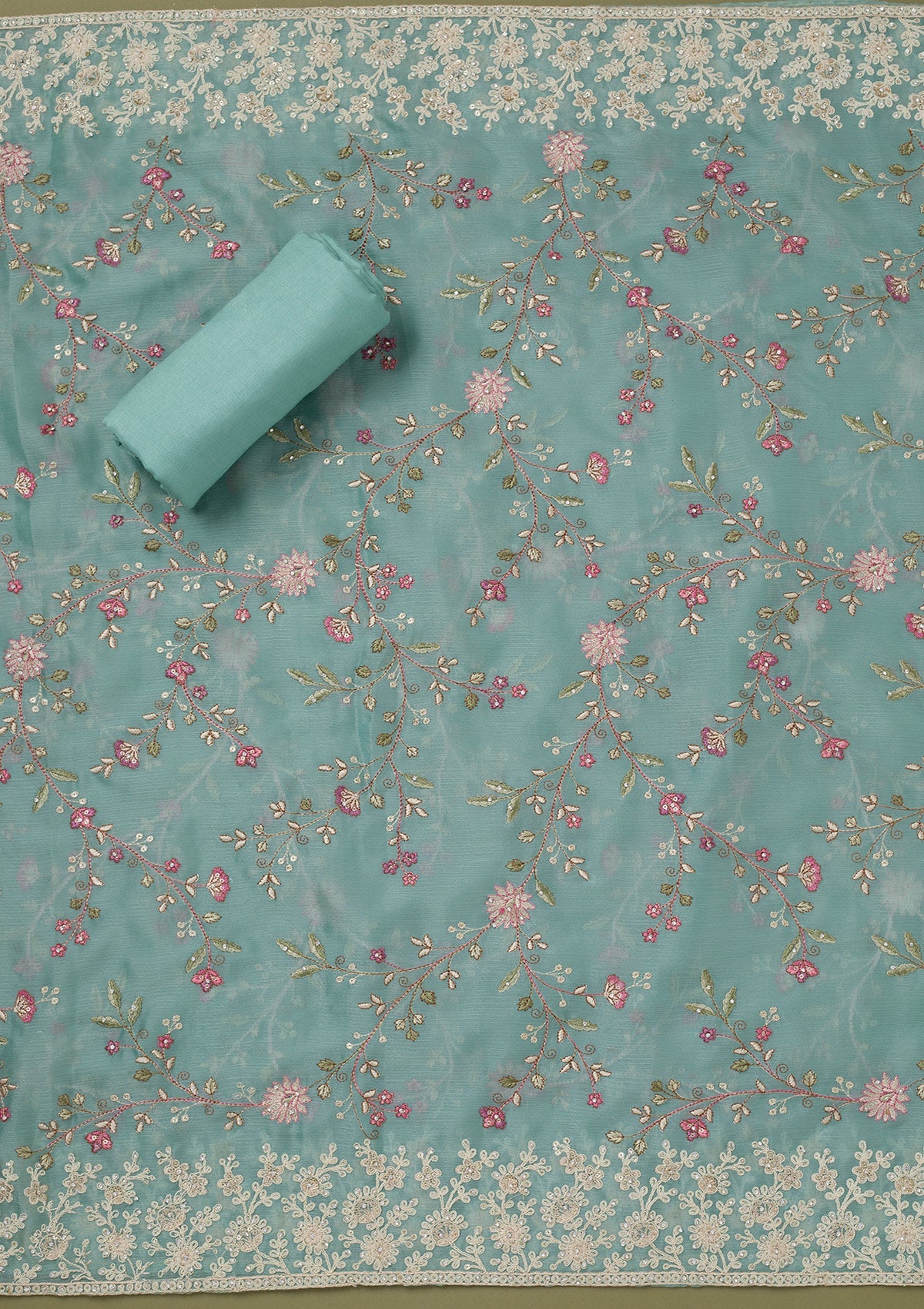 Sea Green Cording Chinon Unstitched Salwar Suit-koskii