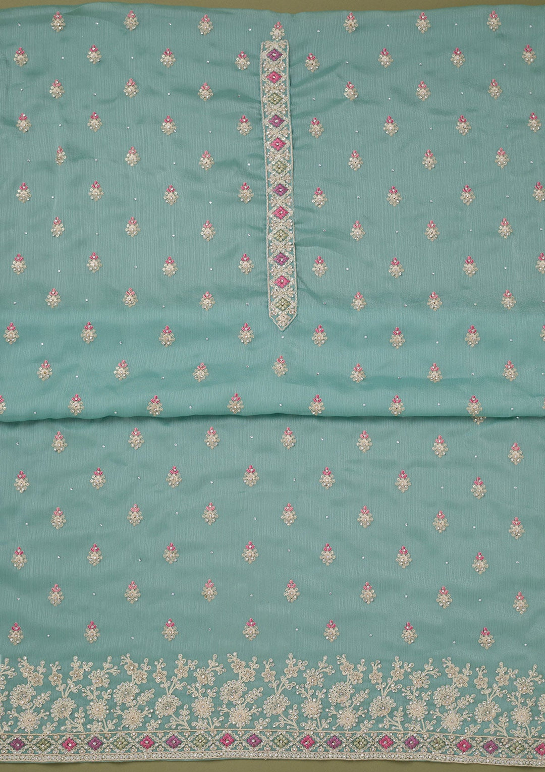 Sea Green Cording Chinon Unstitched Salwar Suit-koskii
