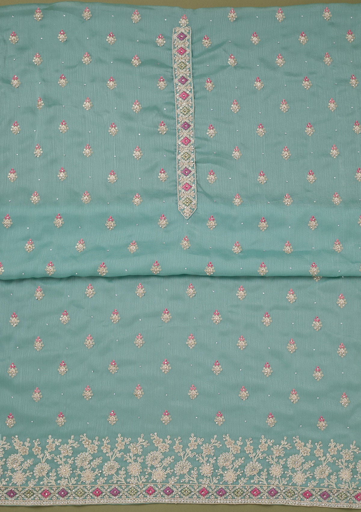 Sea Green Cording Chinon Unstitched Salwar Suit-koskii